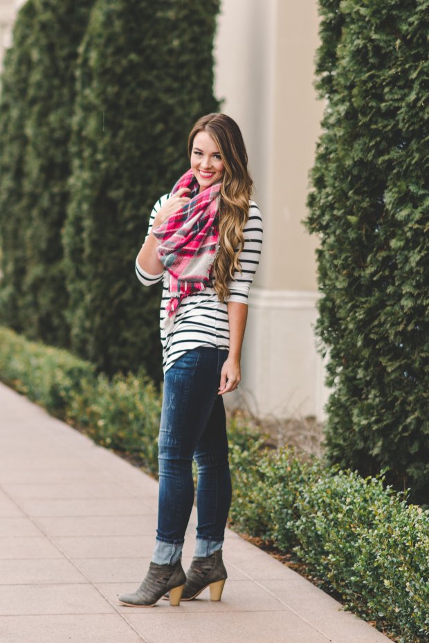 Striped shirt, color splash scarf, jeans, and ankle booties! Women's Fall Fashion!