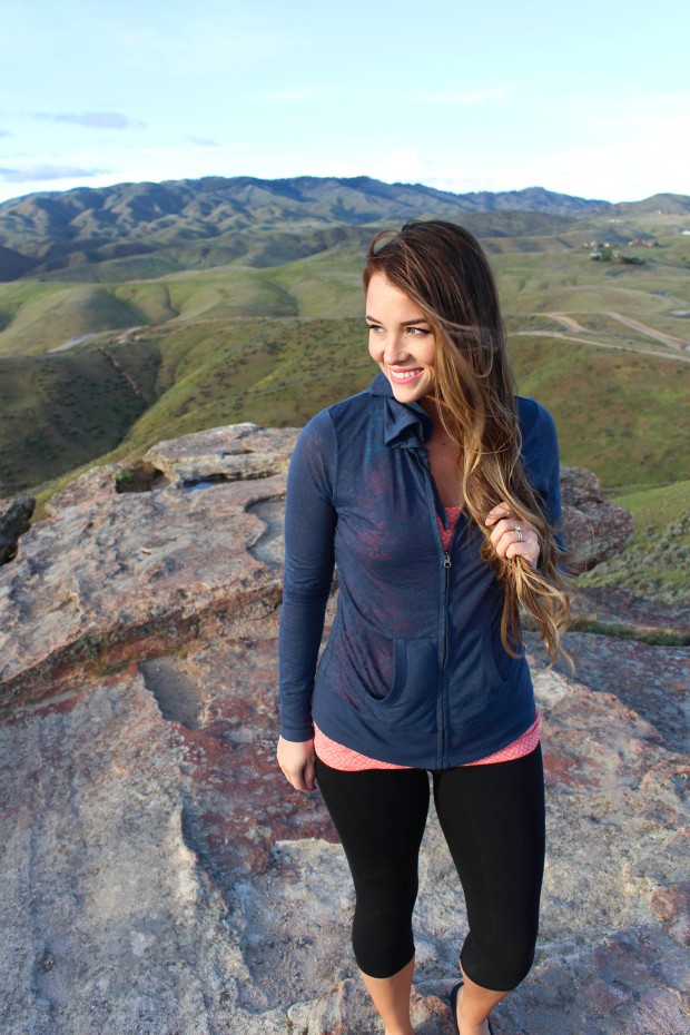 Women's athletic wear. Hiking clothes, capri leggings, tank, and lightweight hoodie. 