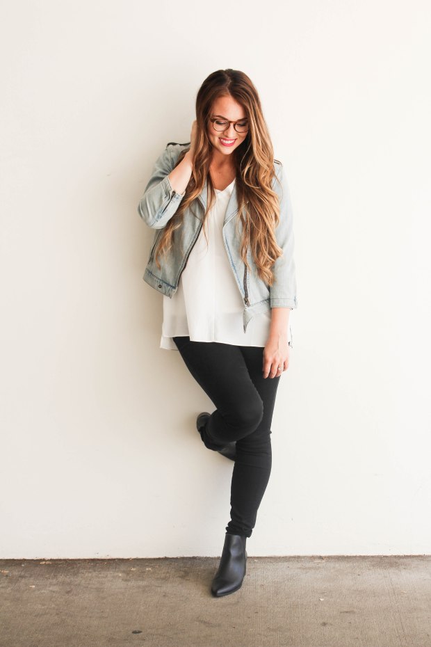 Women's fashion and style. Casual fall outfit with jean jacket. Styling eyeglasses frames too!