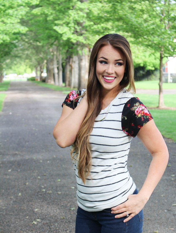 Flybird T-shirt! Women's stripped tee with floral sleeves. Comfy casual mom life style! 