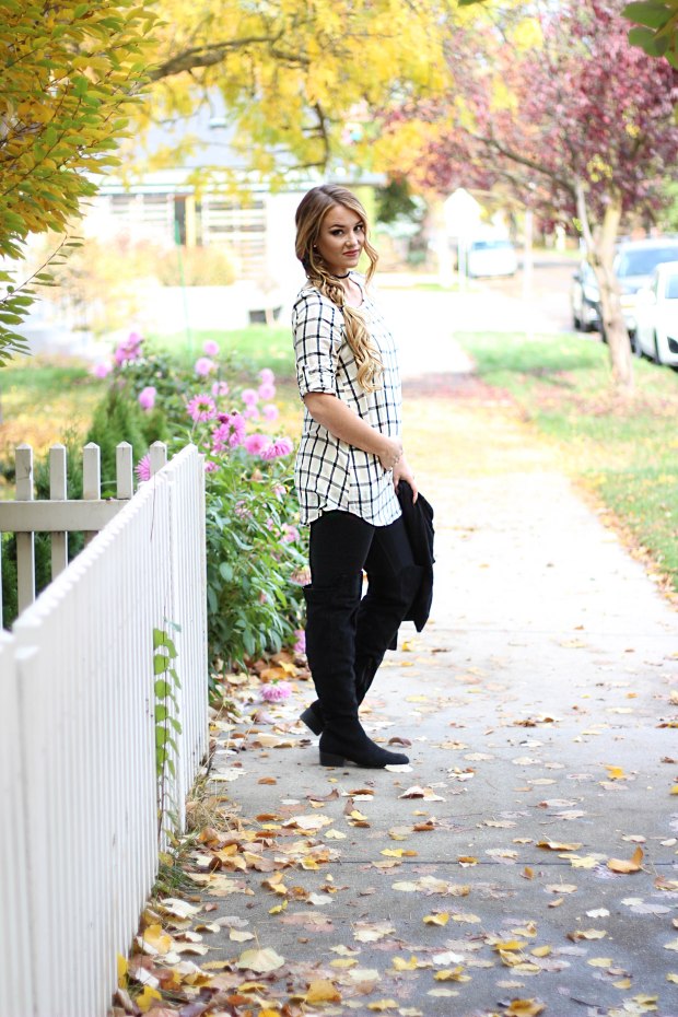 Fall style black and white outfit with thigh high black boots! Maternity friendly fashion. Dressing the bump. 1st trimester clothes!