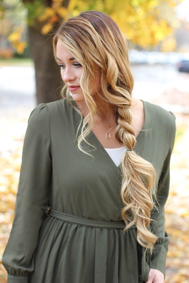 Flowy fall maxi dress from Make Me Chic. Long green dress with thick flowy braid and curls.