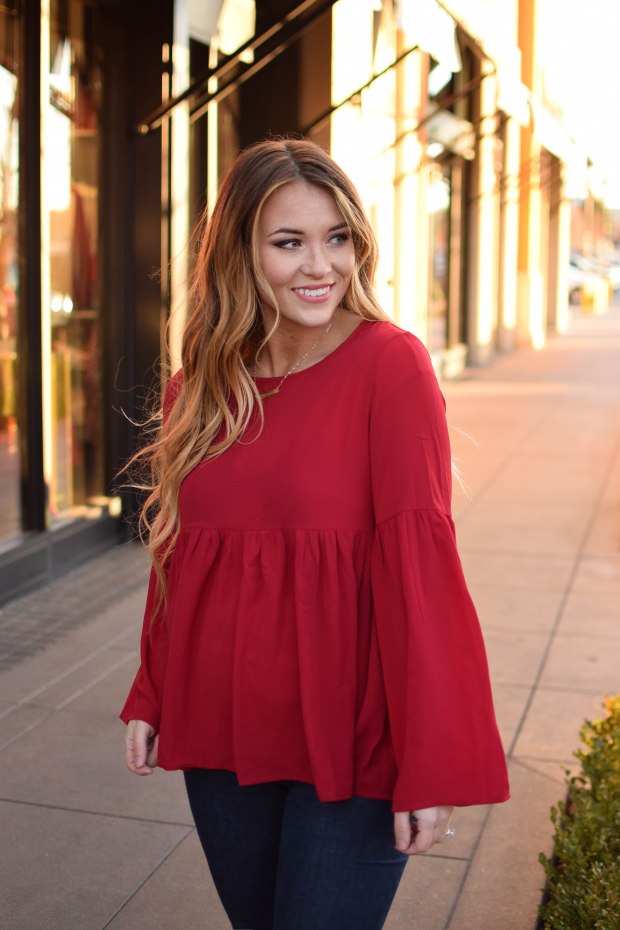 Red top, flowing tunic top with tie, lovely feminine style.
